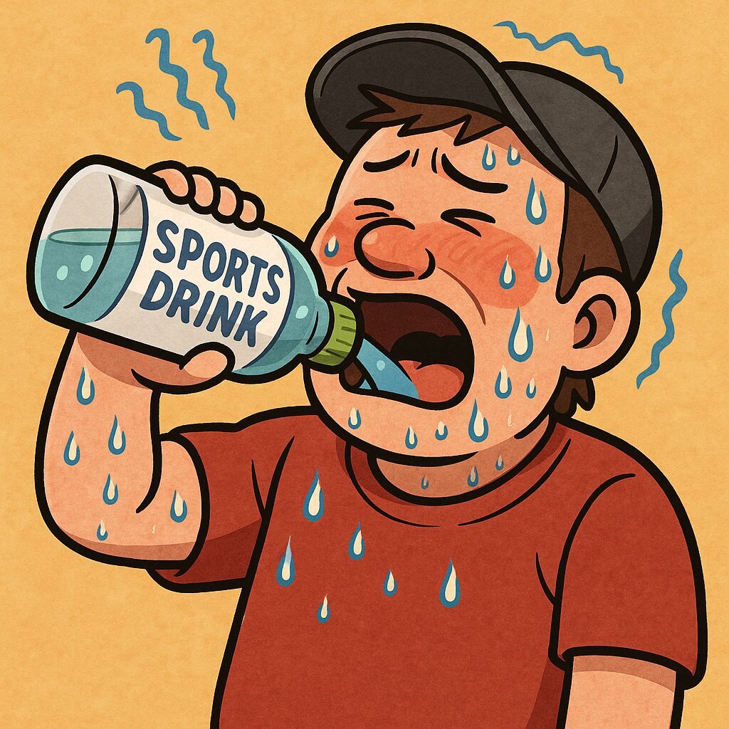 熱中症対策でスポーツドリンクが重要ですという注意喚起のイラスト