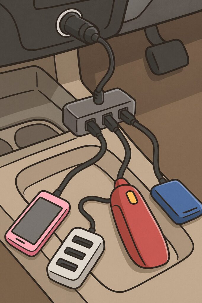 シガーソケットでタコ足配線で電気を取っているイラスト