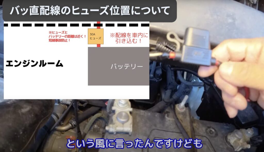 バッ直用引込線をメインバッテリーに限りなく近い位置でヒューズを取り付けるという説明をしているシーン
