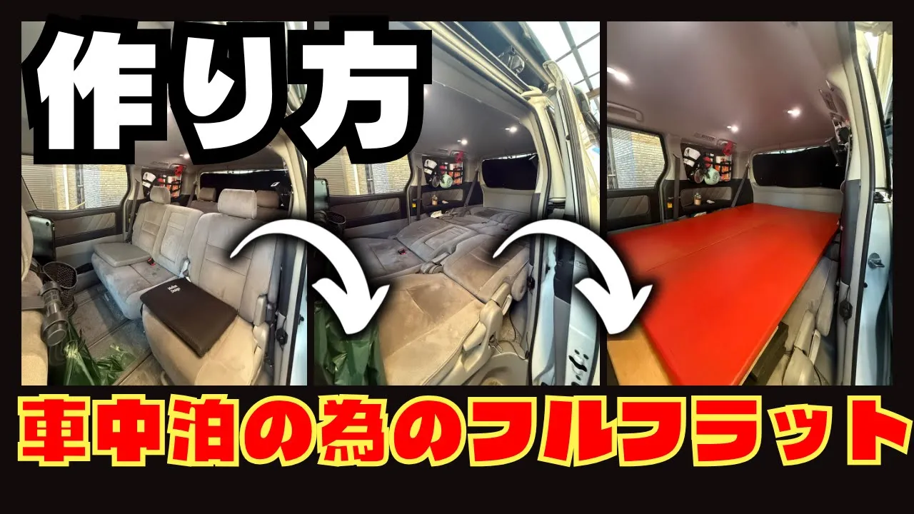 ミニバンの車内がシートアレンジからフルフラットのベッドキットに変化していく様子を示す画像。中央に「作り方」「車中泊の為のフルフラット」の文字。