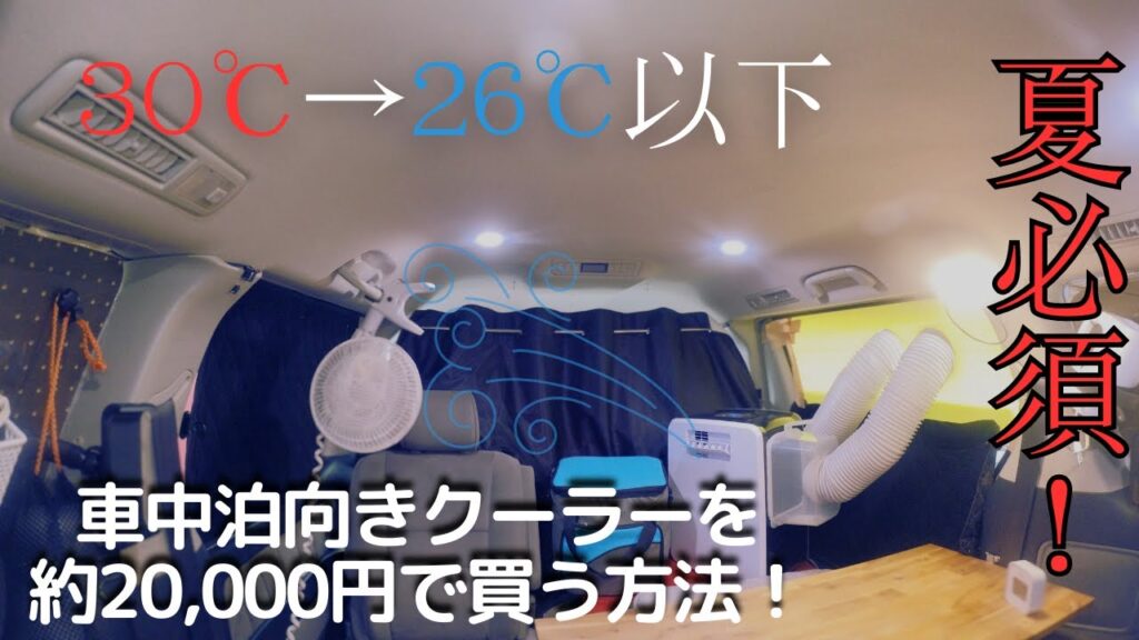車中泊向け中古スポットクーラーで車内温度が30℃から26℃以下に冷却される様子。