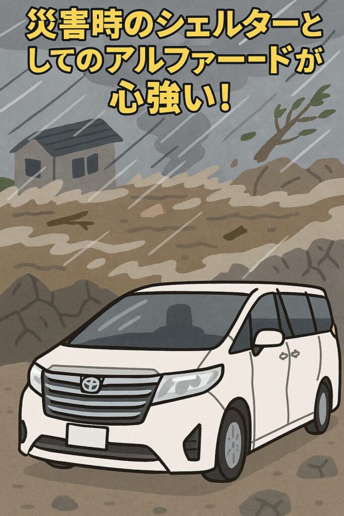 でっきんのアルファードが災害対策車両として優秀なことを示しているイラスト