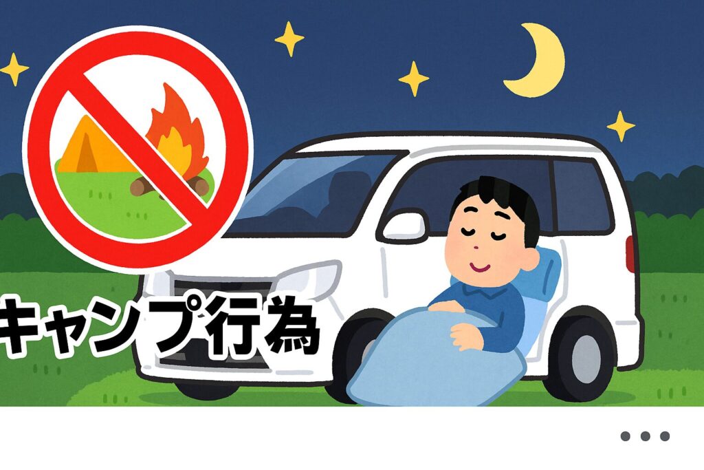 キャンプ行為はNGで車内で静かに過ごすということをアピールしているイラスト
