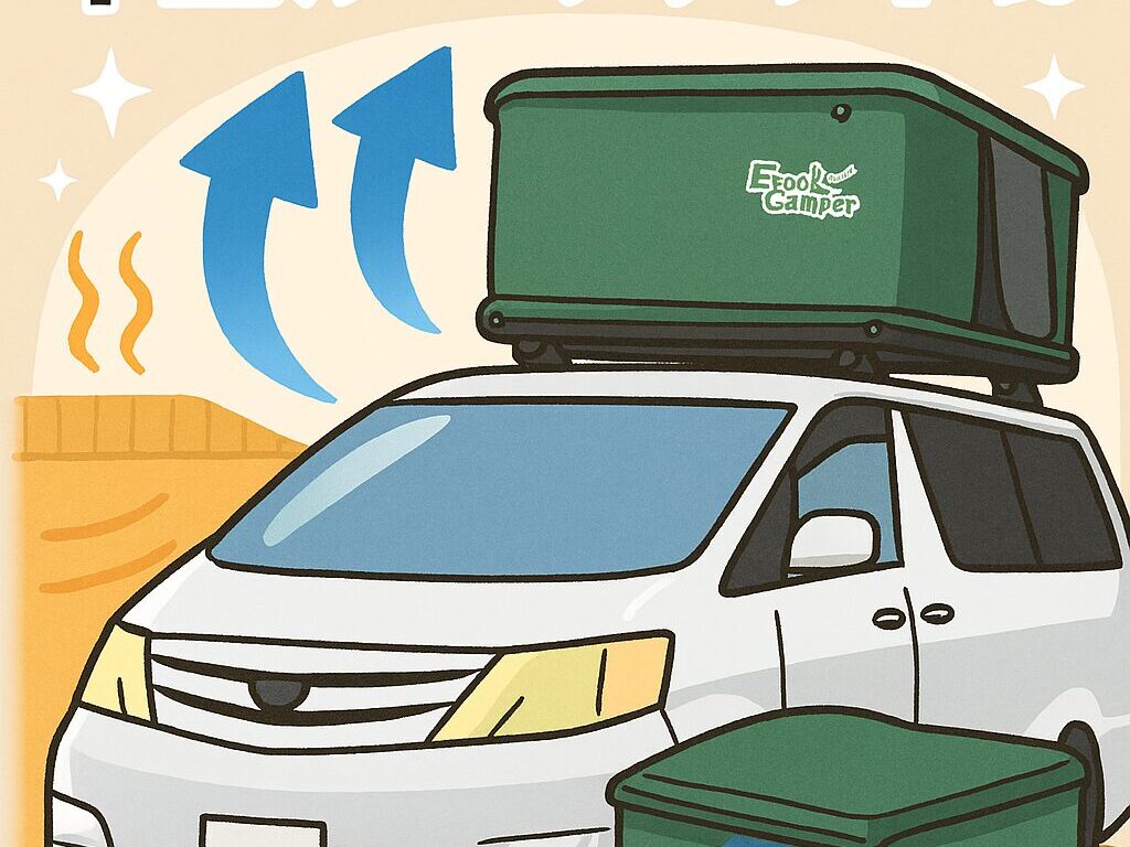 ルーフテントは地上の熱が上がってこず比較的快適に過ごしてることを表しているイラスト