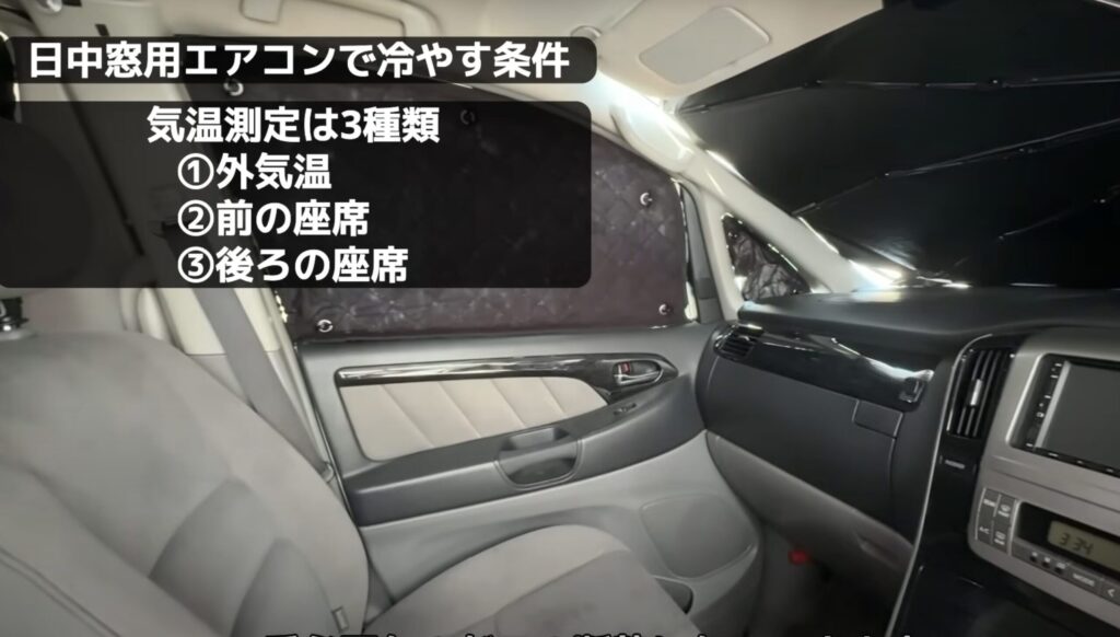 アルファードの車内に設置された断熱シェードと間仕切りカーテン