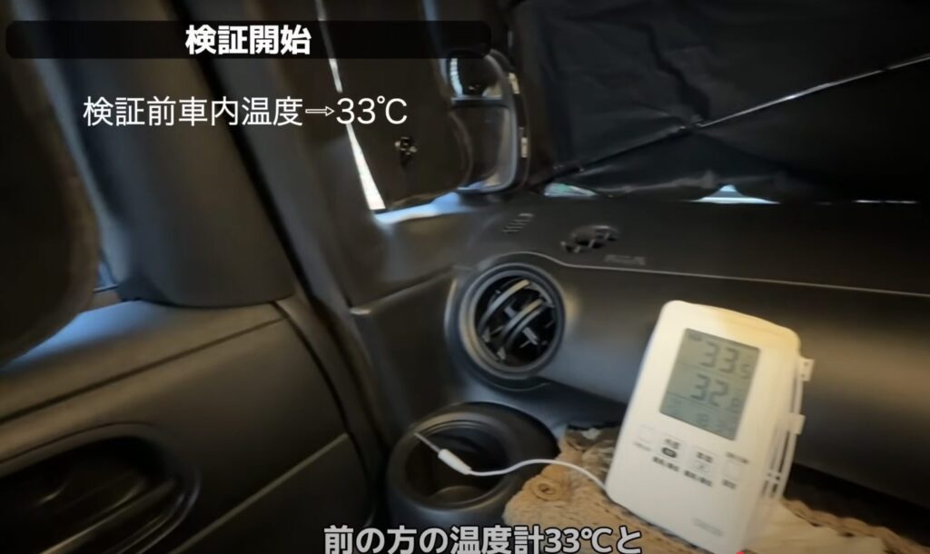 検証開始時のN-BOX車内の温度計。33℃と表示されている。