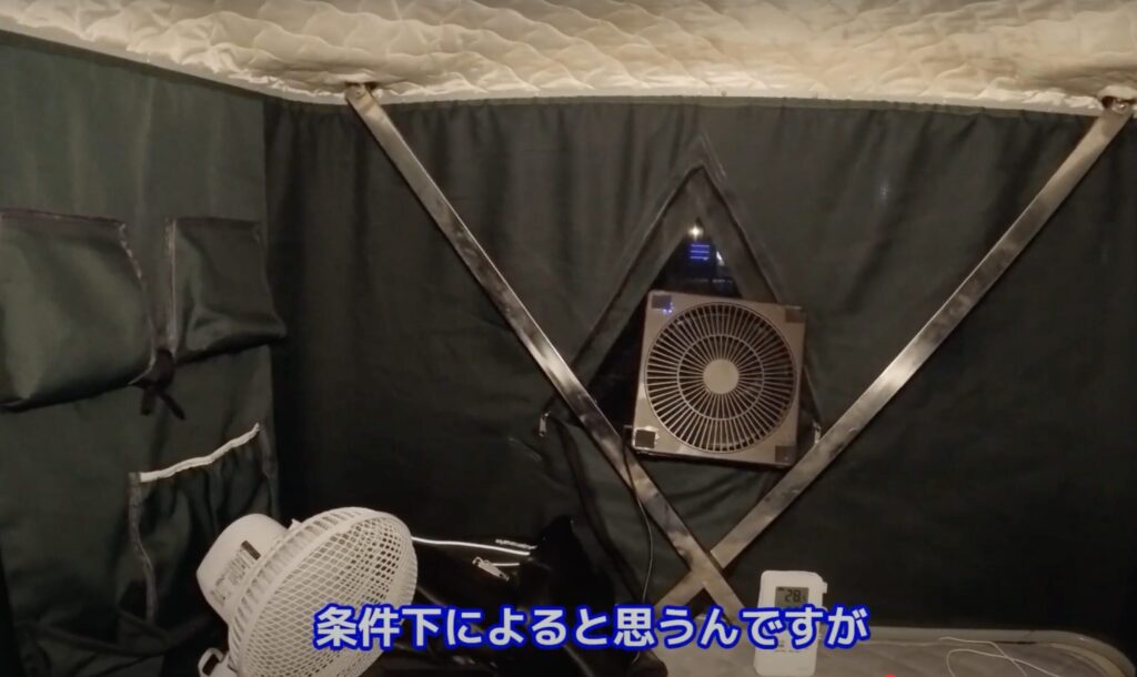 2台の扇風機を回して就寝しようとしているシーン
