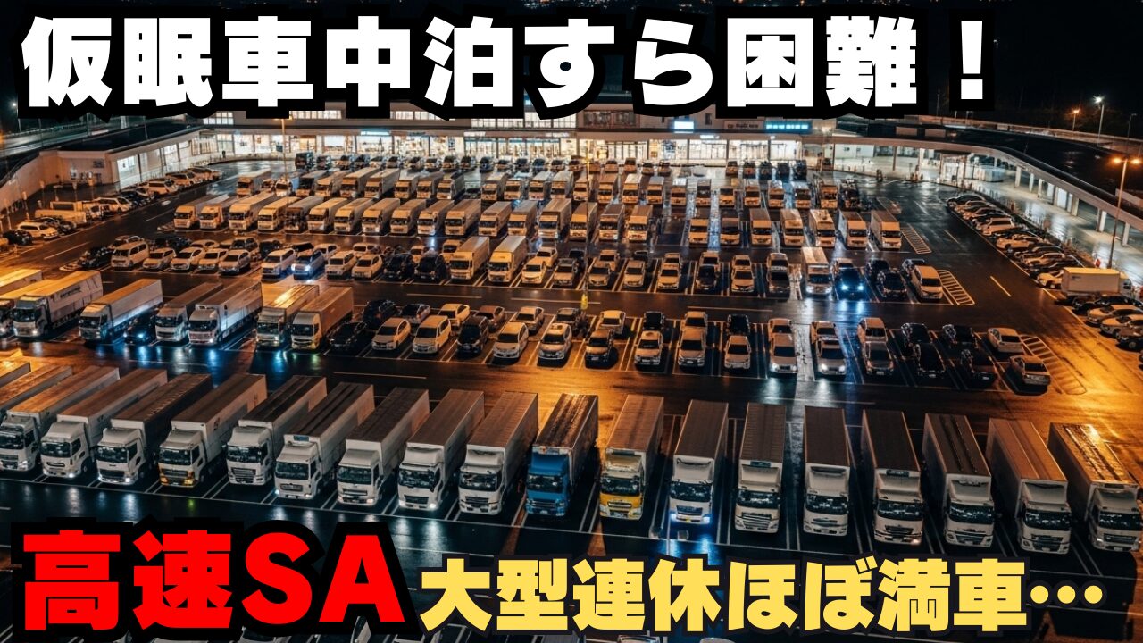 夜間の高速道路サービスエリアの駐車場。多くのトラックが駐車しており、その間に車中泊仕様の乗用車が停まっている様子。