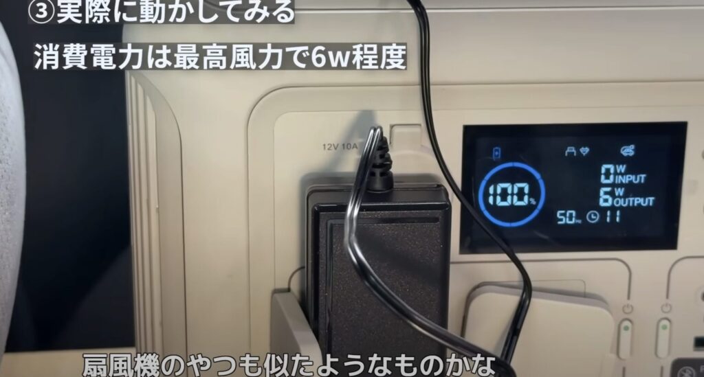 実際にどれだけの電力なのか検証している。ポータブル電源のインジケーターに消費電力を表しているシーン。