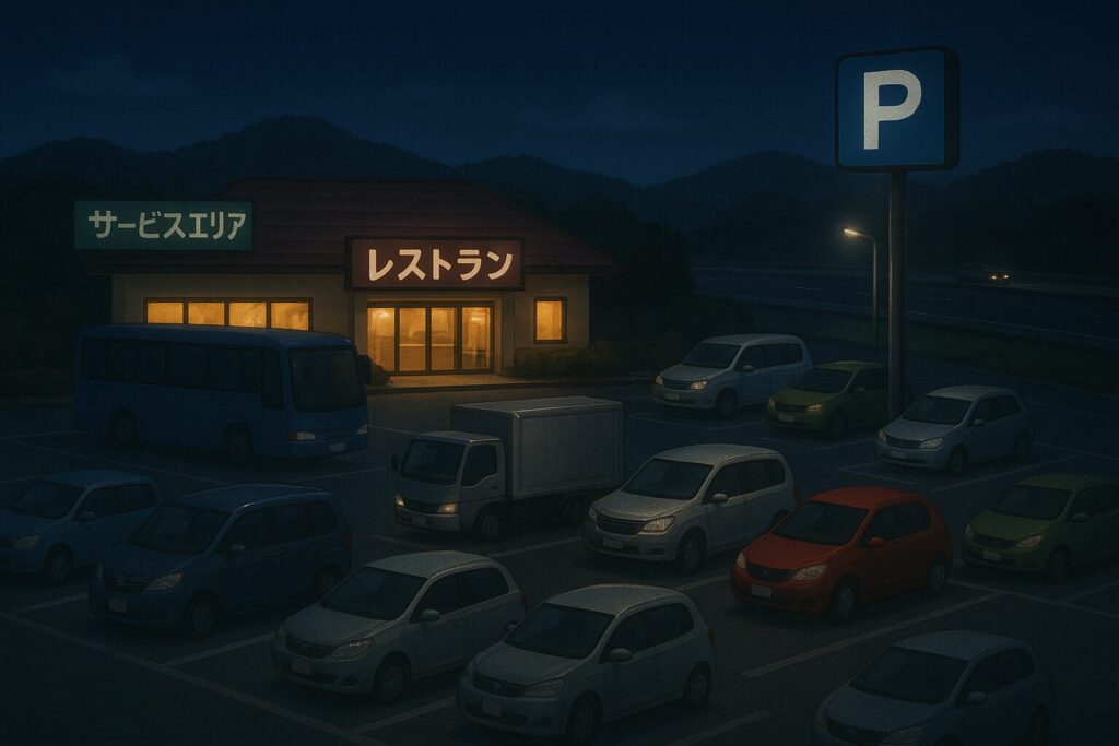 夜の高速道路SAやPAの様子を表してるイラスト