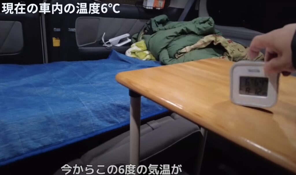 夜8時、アルファードの車内に置かれた温度計が6℃を表示している