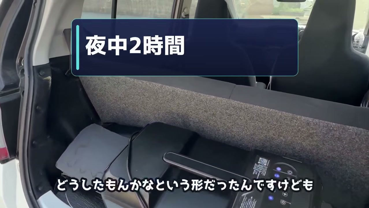 ミライースのラゲッジに積んだポータブルエアコン。1000Whでは夜中2時間足らず