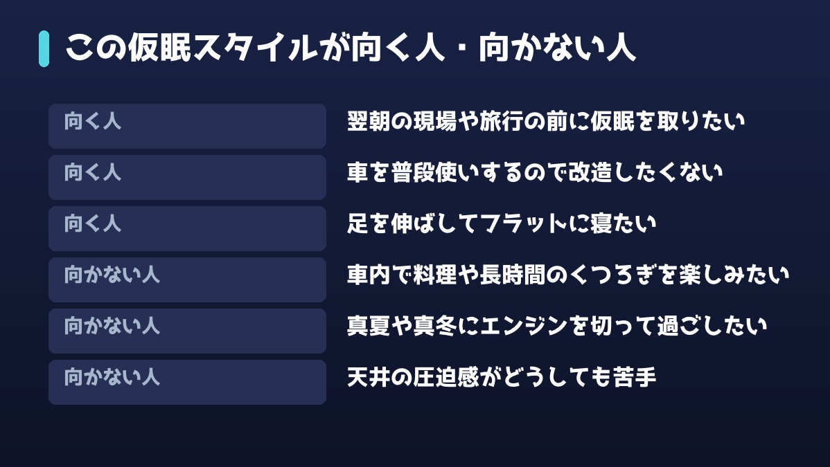 軽自動車の仮眠スタイルが向く人と向かない人の一覧