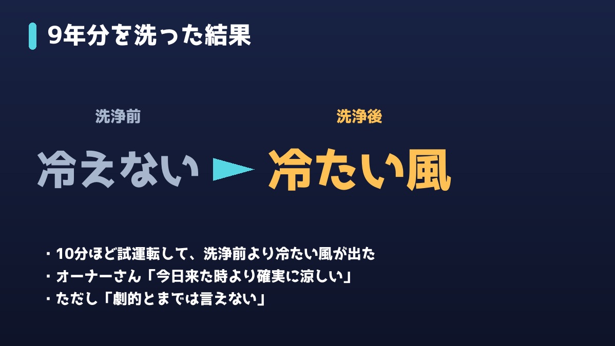 9年分のエアコン汚れを洗った結果:洗浄前より冷たい風が出るように