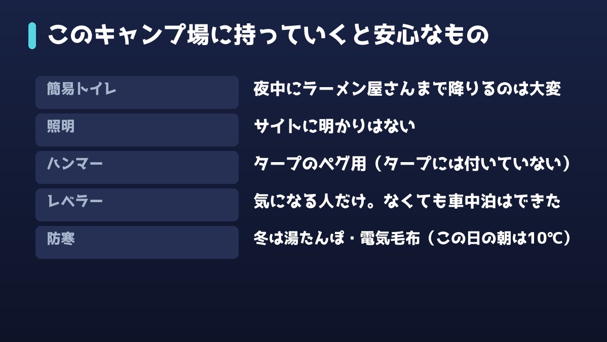 このキャンプ場に持っていくと安心なもの